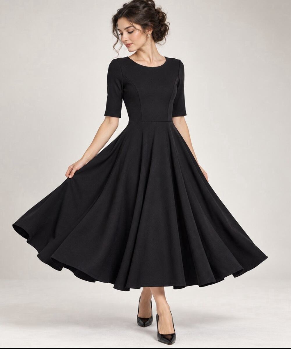 Lulus Black Heavy Ponte Knit Fit & Flare Midi Dress Exposed Gold Zip Stretch LBD